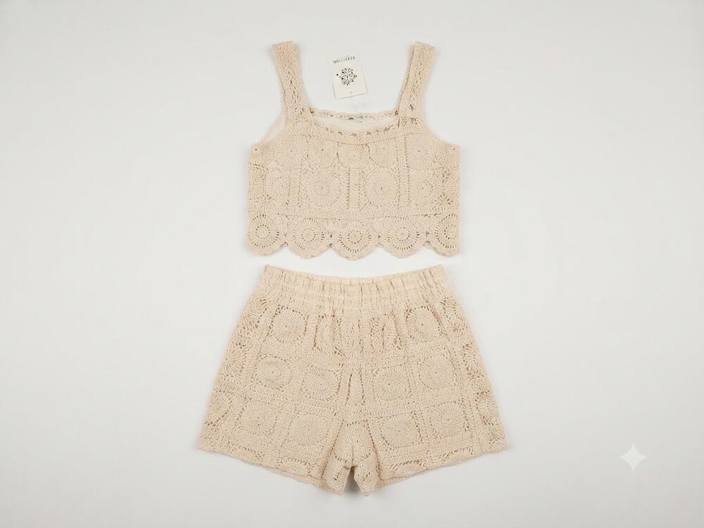 NEW Rebellion Again S Cream Crochet Lace Tank Shorts Outfit Boho Festival